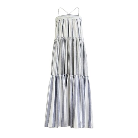 J.Crew Chambray Coverup Dress In Stripe Halter Pockets Adjustable Straps Size M - Picture 4 of 10